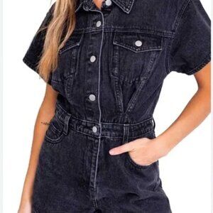 Le Lis Black Denim Button-Up Short Sleeve Romper